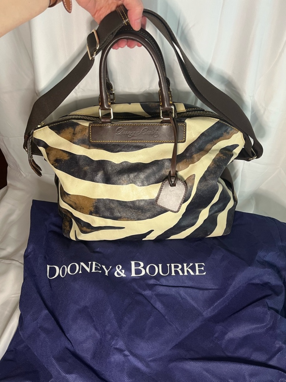 Dooney & Bourke Zebra-Pattern Satchel in Cream, Black and Brown